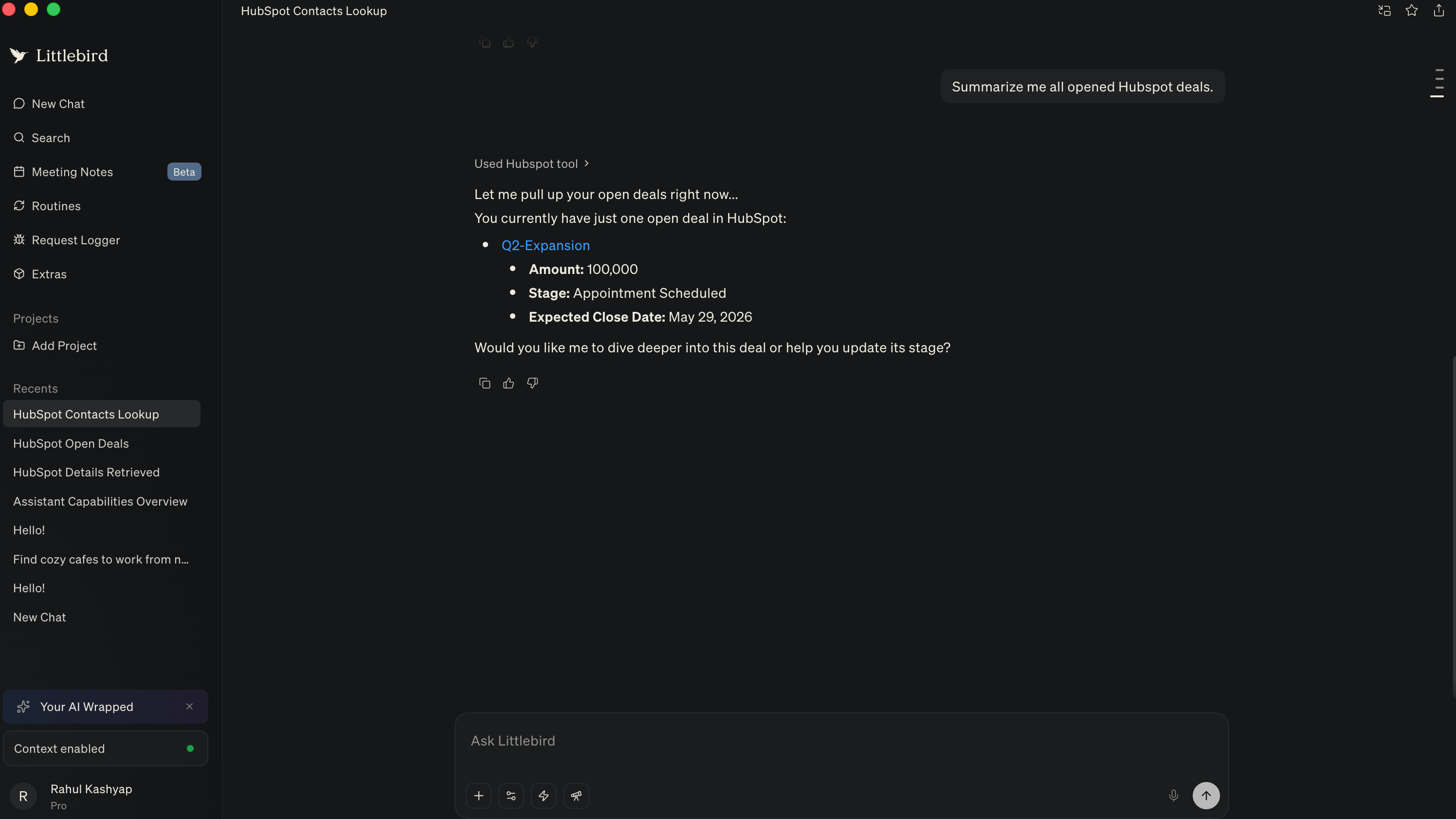 Littlebird chat displaying HubSpot deal details including deal name and stage.