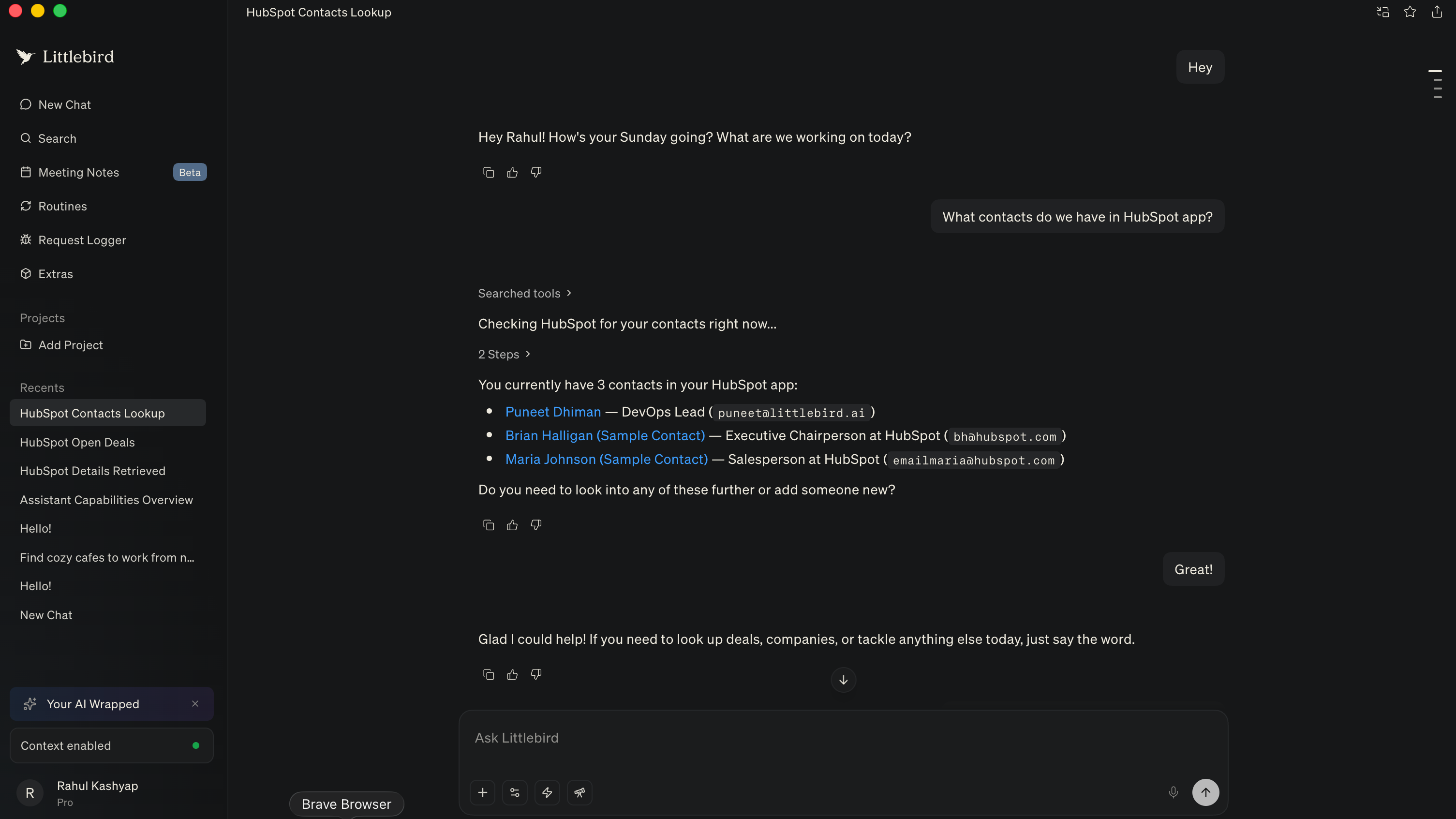 Littlebird chat showing a HubSpot CRM search for contacts within conversation.